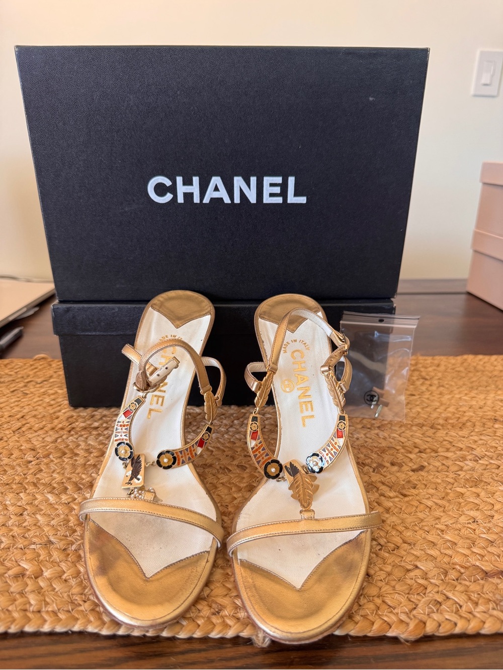 CHANEL Gold Multicolor Enamel T-Strap Heels (RARE FIND)